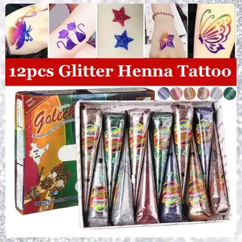 

6 Colors 12pcs/set Indian Mehndi Henna Tattoo Paste Cones Colored Body Art Paint Waterproof Temporary Tattoo Stickers + Stencil