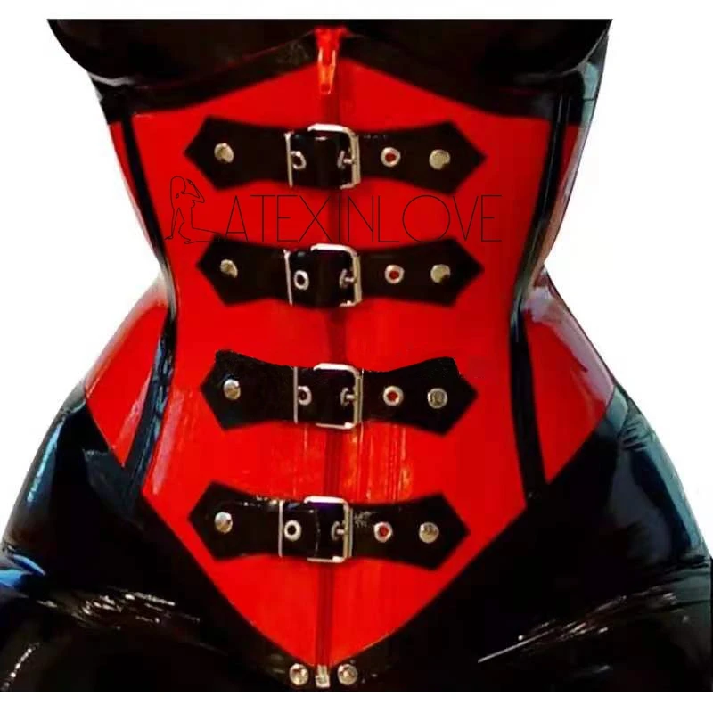 Sexy 1mm Red Latex Gummi Rubber Corset Steel Bones Front Buckle Zipper Back  Lace Up Bustiers Top