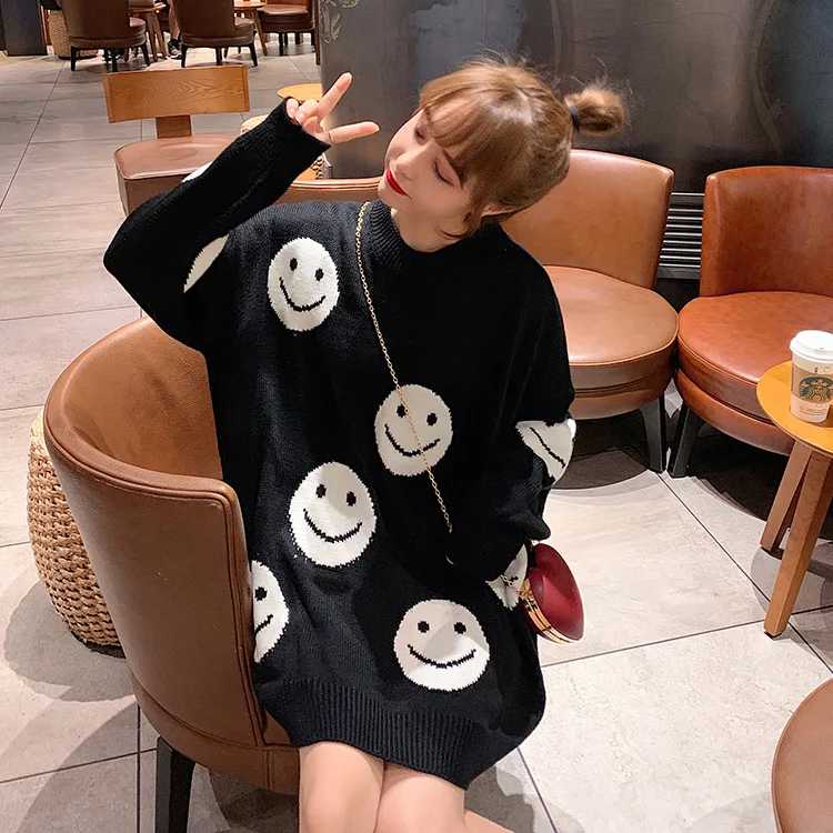 Casual Loose Knitted Women's Smile Face Sweaters - true deals club