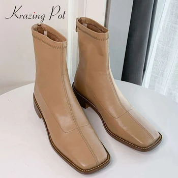 

Krazing Pot Chelsea boots cow leather three colors streetwear square toe thick med heel back zipper basic dating ankle boots L20