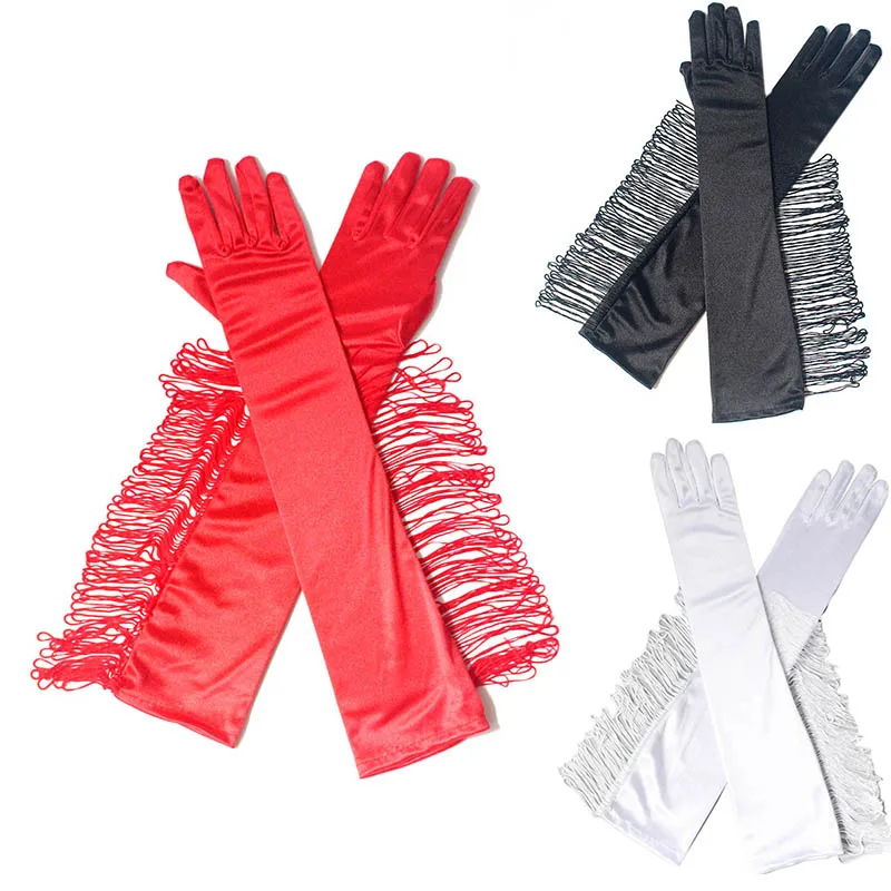 1 pair Tassels Long Satin Gloves Women Opera Evening Party Costume Gloves Dance Performance Mittens Black White Red