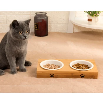 

Ceramic Bowl Wooden Table Pet Dog Cat Bamboo Wood Table in a Kitten Double Bowl Non-slip Small Dog Food Bowl Cat Bowls