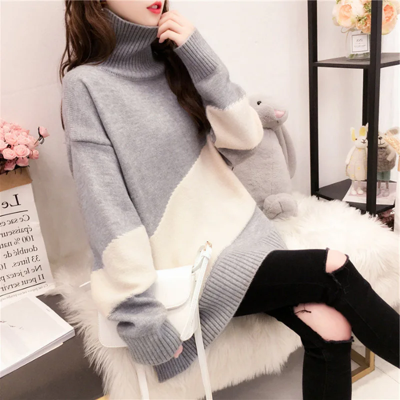 

High quality sweater,2019 Autumn And Winter Large Size High Collar Mixed Colors Sweater Women's, Outer Wear Tops