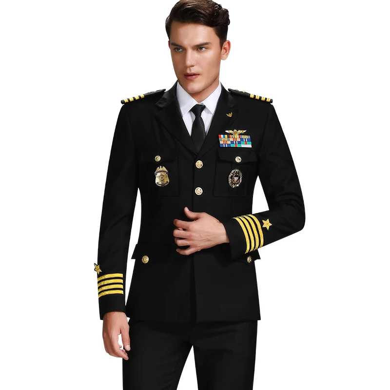 High Quality Admiral Military Uniform Male Navy Captain Uniform Suits Single-Breasted Suit Sets With Badges Security Workwear