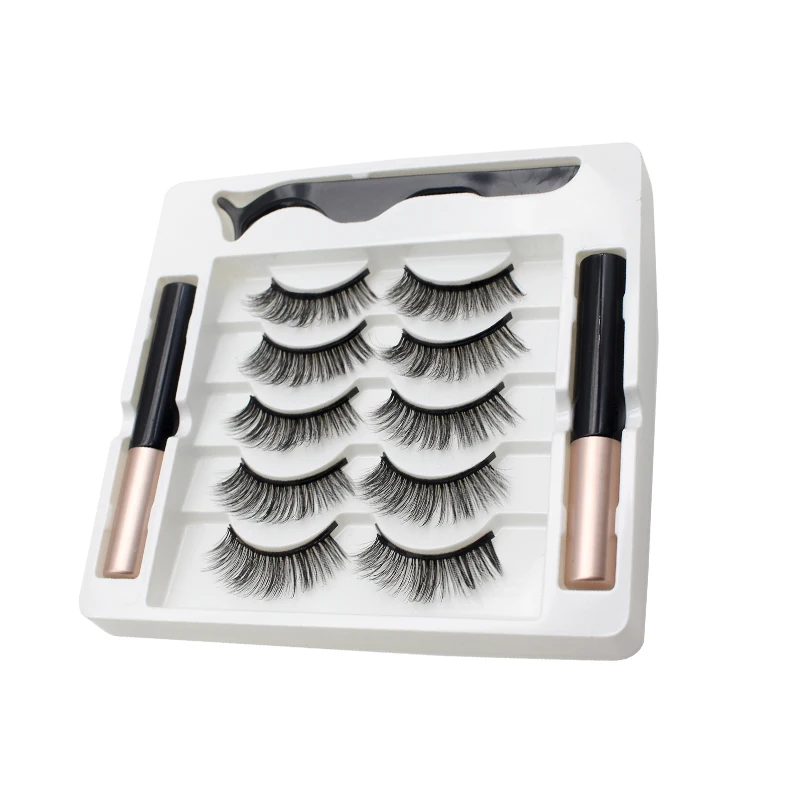Fake Eyelashes AILEISHI 5 Pairs 3D Magnetic Eyelashes Magnet Eyeliner Handmade Fake lashes Waterproof Liquid Long Lasting Eyelashes Set Makeup