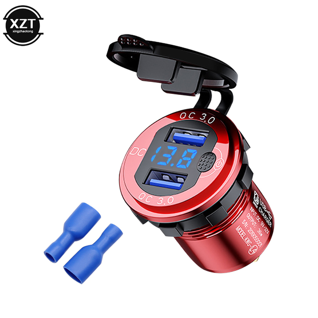 24V 18W Aluminum Waterproof Dual QC3.0 USB Fast Charger Power Outlet with LED Voltmeter ON OFF Switch for Car Marine Truck