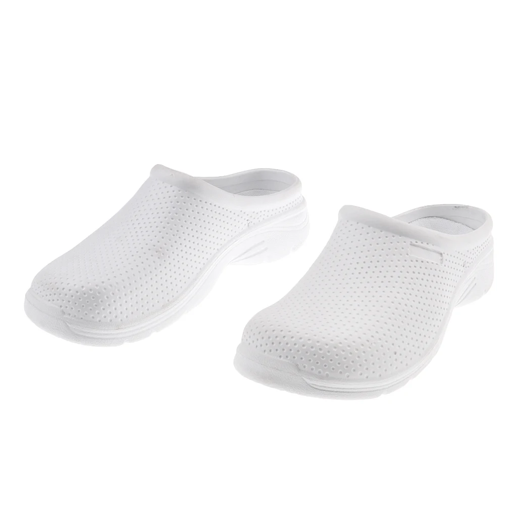 Ladies Slip On Low Wedge  Garden Nursing Clogs Mules Comfort Shoes White