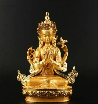 

YM Copper statue Collection Chinese Tibetan Buddhism Sit Lotus Four Arms Guan Yin Kwan-yin Bodhisattva Buddha Statue