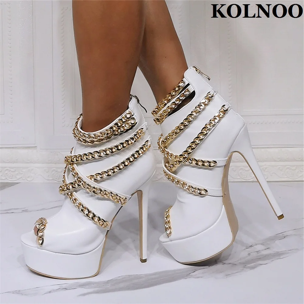 

Kolnoo New Elegant Handmade Ladies High Heel Pumps Peep-toe Cross Chains Party Prom Dress Shoes Evening Xmas Fashion White Shoes