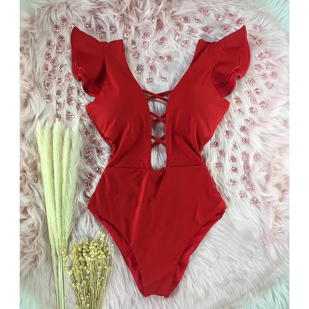 New Ruffle One Piece Swimsuit Solid Red Black Swimwear Women Deep-V Bathing Suit Bodysuit Beach Wear Swim Suit Monokini women sport swimsuits women swim dresses