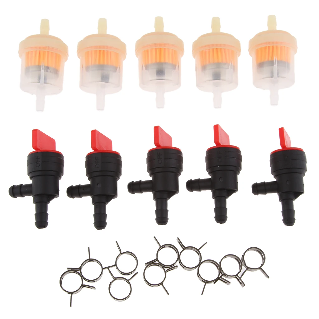 5Pcs 1/4 Inline Fuel Filters + 5Pcs 1/4 Shut Off Valves + 10Pcs Hose Clamps for    698181 697944
