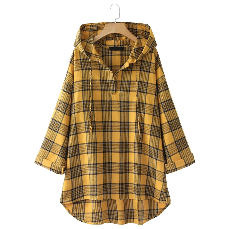 

Vintage Plaid Hooded Shirt Blouse Women Spring Autumn Long Sleeve Yellow Shirts Female Mid-Length Plus Size Loose Hooded Tops