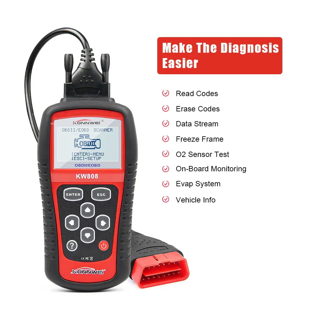 KONNW KW808 EOBD/CAN OBD2 диагностический инструмент OBDII/EOBD автомобильный считыватель кодов и автоматический сканер Автомобильный сканер обнаружения OBD2 сканер