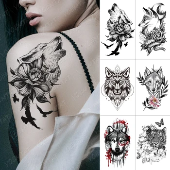 

Waterproof Temporary Tattoo Sticker Bird Flower Wolf Flash Tatoo Tiger Lion Moon Fox Rose Body Art Arm Water Transfer Fake Tatto