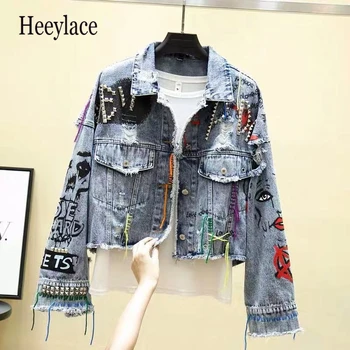 

2019 Women Newstreetwear Graffiti Denim Jacket Female Personality Short Raw Cut Rivet Jacket Fringe Jean Coat Jaqueta Feminina
