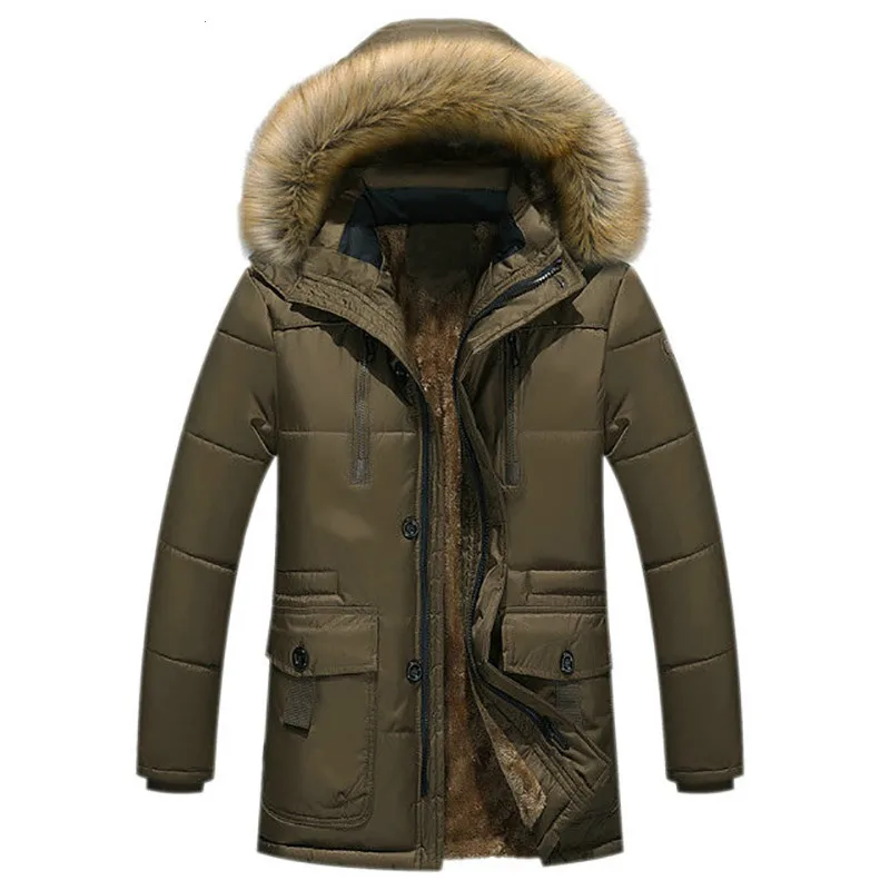 Зимние мужские куртки, пальто, Толстая теплая Вельветовая парка для мужчин, флисовая Меховая куртка с капюшоном в стиле милитари, мужские куртки средней длины - Цвет: Коричневый