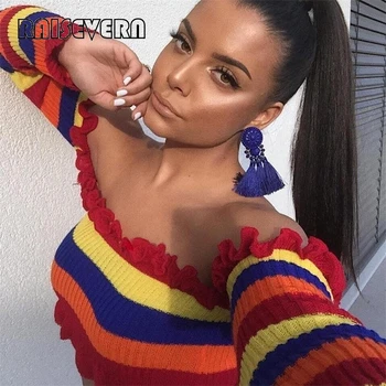 

New Womens Off Shoulder Striped Blouse Shirt Crop Tops Long Sleeve Blouse Jumper Knitted Women Pullovers Cami Tank Top Sweater