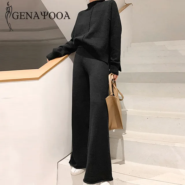 US $24.80 Genayooa Two Piece Set Pullover Sweater Tracksuit Women High Waist Knit Wide Leg Pants Women Suit 2
