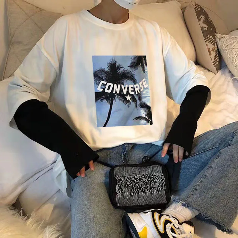 Coconut tree Print Fake two White Black Patchwork Men T shirt Long Sleeve Casual Couple Clothes Autumn oversized women tops 2019 Coconut tree Print Fake two White Black Patchwork Men T shirt Long Sleeve Casual Couple Clothes Autumn oversized women tops 2019