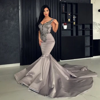 

2020 Hot Sale Luxury Cap Sleeve Lace Beading Chapel Trian Mermaid Satin Evening Dress Formal Wear