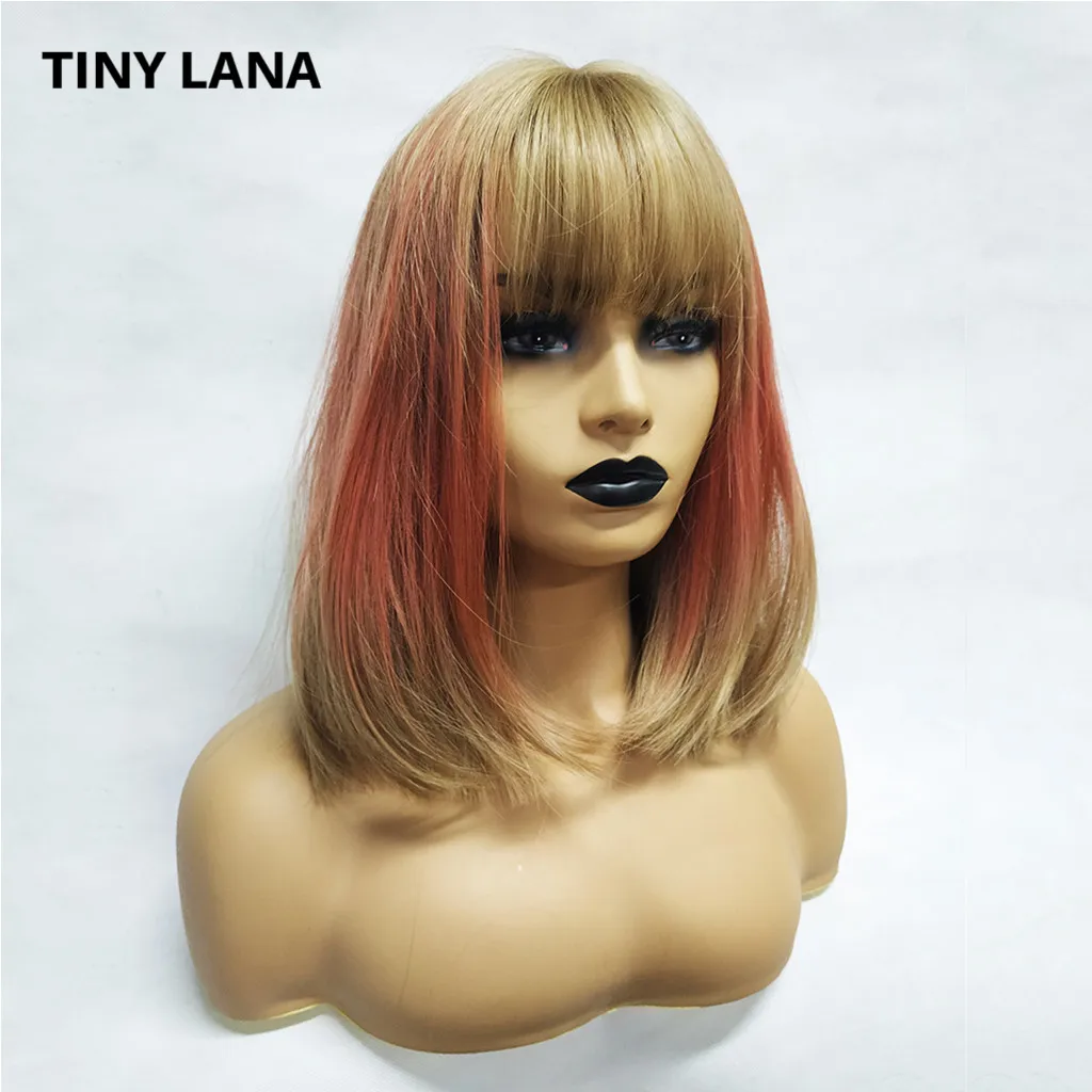 

TINY LAN16" Long Synthetic Wig with Bangs Dark Root Ombre Color High Density Natural Headline Heat Resistant Hair Wigs for Women