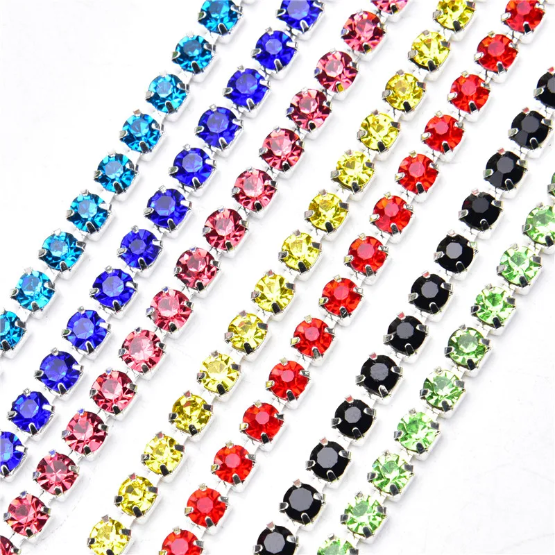

4mm 2yard Sewing Glass Crystal colourful Rhinestones Chain Silver Dense Cup Chain Metal Trim Strass Applique Band DIY stonechain