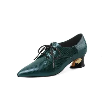 

Genuine leather high heels women pumps brand lace up casual women strange heel shoes British style women shoes