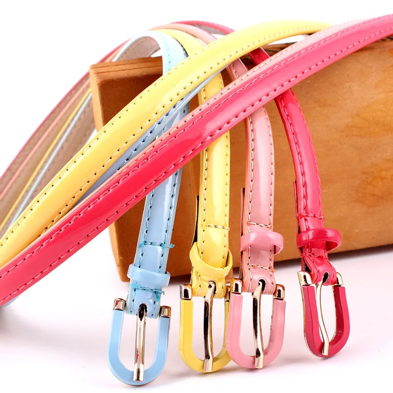 

2019 Candy Color Shiny PU Leather Waist Belt for Women Black Red Pink Narrow Thin Belts Waistband Pin Buckle Straps for Dress