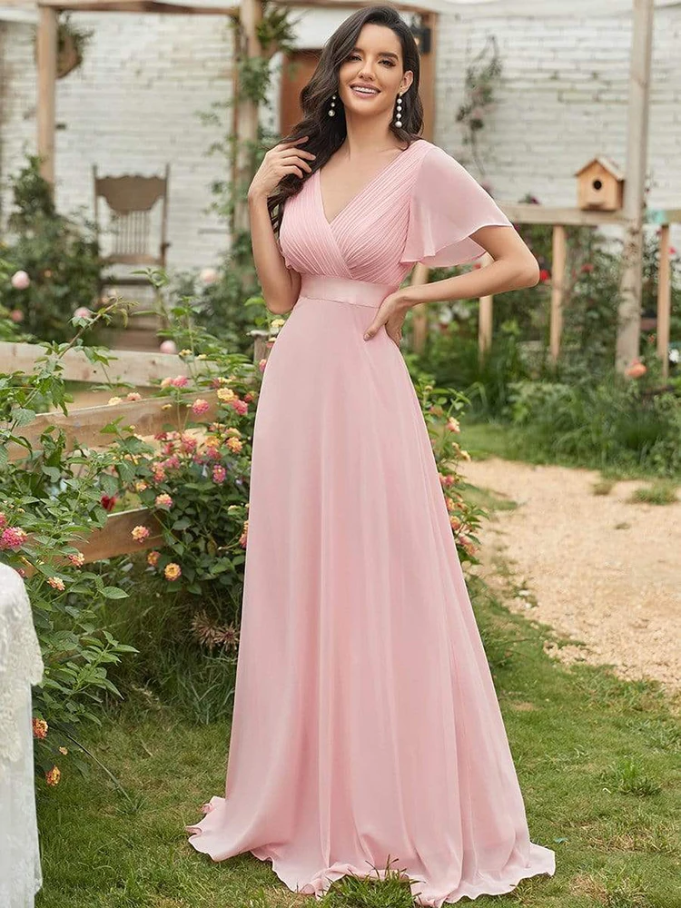 Tanio Kobiety różowe suknie dla druhen długa elegancka linia V