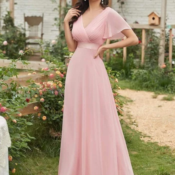 여성 핑크 신부 들러리 드레스 긴 우아한 A 라인 더블 V 넥 프릴 쉬폰 정장 웨딩 파티 드레스, 새로운 긴 무도회 드레스