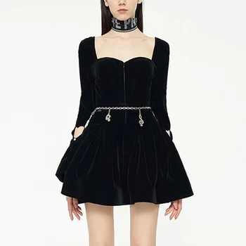 

Women Velvet Dress Diamonds Deco Spring Autumn Detachable Sleeve Sexy Backless Ball Gown Dress
