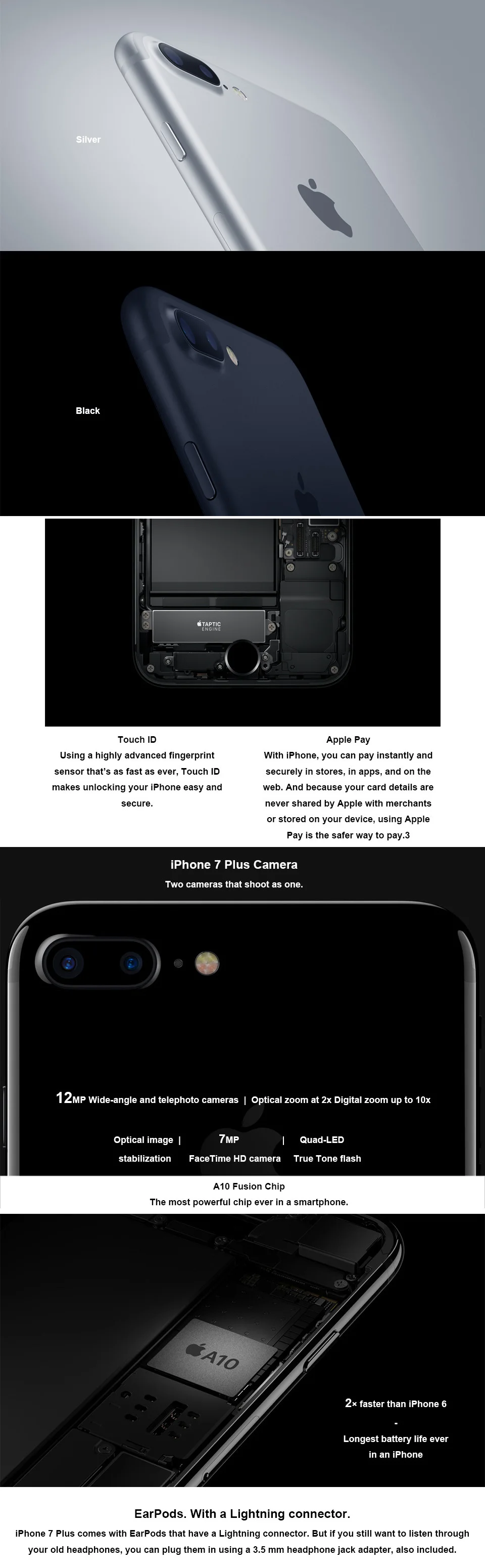 Оригинальный Apple iPhone 7 Plus 7 P 4G LTE 3 ГБ ОЗУ 32 ГБ/128 ГБ/256 Гб ПЗУ IOS 12.0MP четырехъядерный сканер отпечатков пальцев разблокированный мобильный