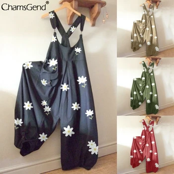

Summer Casual Loose Jumpsuits Women Fashion Floral Print O-neck Rompers Strapless Overalls Wide Leg Playsuit Pocket Long Rompers
