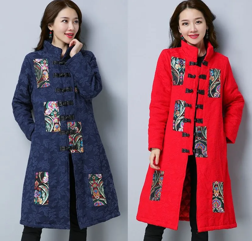 

2017 New Style Ethnic-Style Cotton Linen Jacquard Applique Embroidered Large Size Winter Mid-length Warm Cotton-padded Clothes E