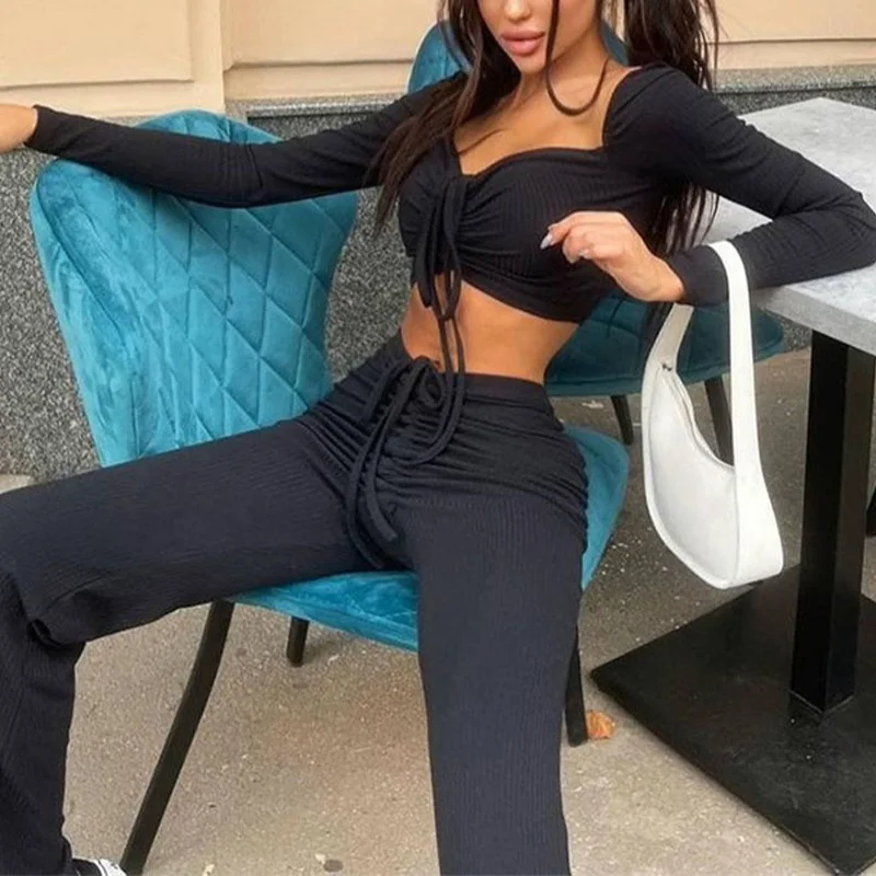 Black Tracksuit Women 2022 Long Sleeve Crop Top And Wide Leg Pants Y2K Two Piece Sets Casual Sexy Outfits Party Spring Suits |