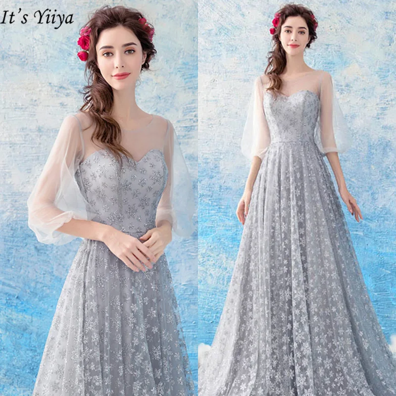 

It's Yiiya Evening Dress O-Neck Plus Size Sequin Appliques Women Party Dresses Ball Gown Lllusion Robe De Soiree LX794