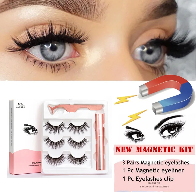 

3 Pairs Magnetic Eyelashes False Lashes & Magnetic Liquid Eyeliner Tweezer Set Waterproof Long Lasting Eyelash Extension Makeup