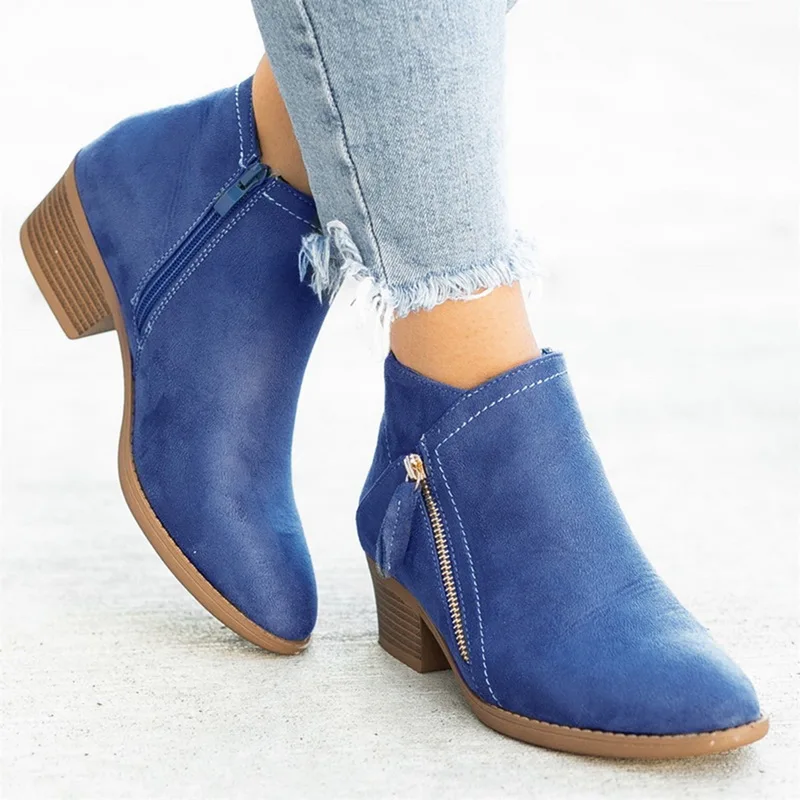 

Women Autumn Round-Toe Boots Women Boots Faux Leather High Heel Ankle Boots Fashion Pointed Toe Zipper Winter Boots Black Blue