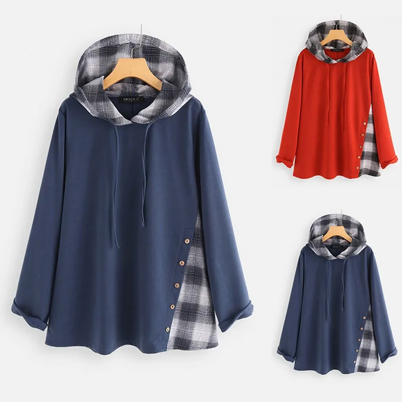  Women Warm Sweatshirt 2019 Autumn Winter Hoodie Plaid Button Long-Sleeve V-neck Patchwork Sweatshir