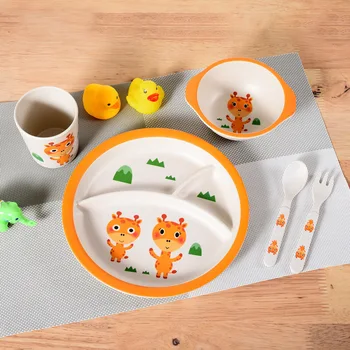 

5Pcs/set Baby Dishes Set Eco-friendly Bamboo Fiber Dinnerware Cute Cartoon Animal Bowl Tableware For Kid Toddlers Boy Girl Gift