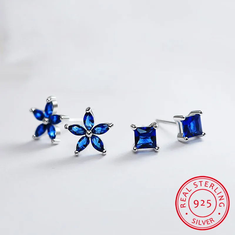 Luxury Female Natural Blue Sapphire Earrings 925 Sterling Silver Wedding Earrings For Women Vintage Square Flower Stud Earrings