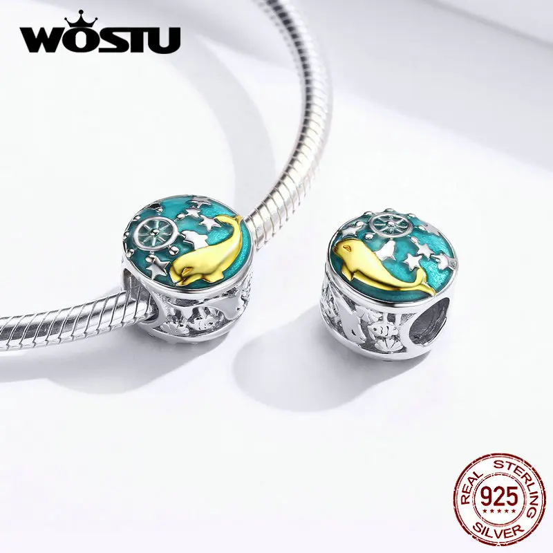 WOSTU Настоящее Стерлинговое Серебро маленький кит в море бусины Chrams подходит браслет и браслет кулон для женщин CQC1296