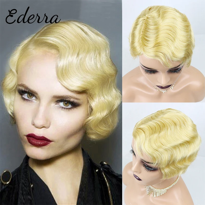 Finger Wave Wigs Cheap Brazilian Short Pixie Cut Human Hair Wig 613 Blonde Machine Made | Шиньоны и парики
