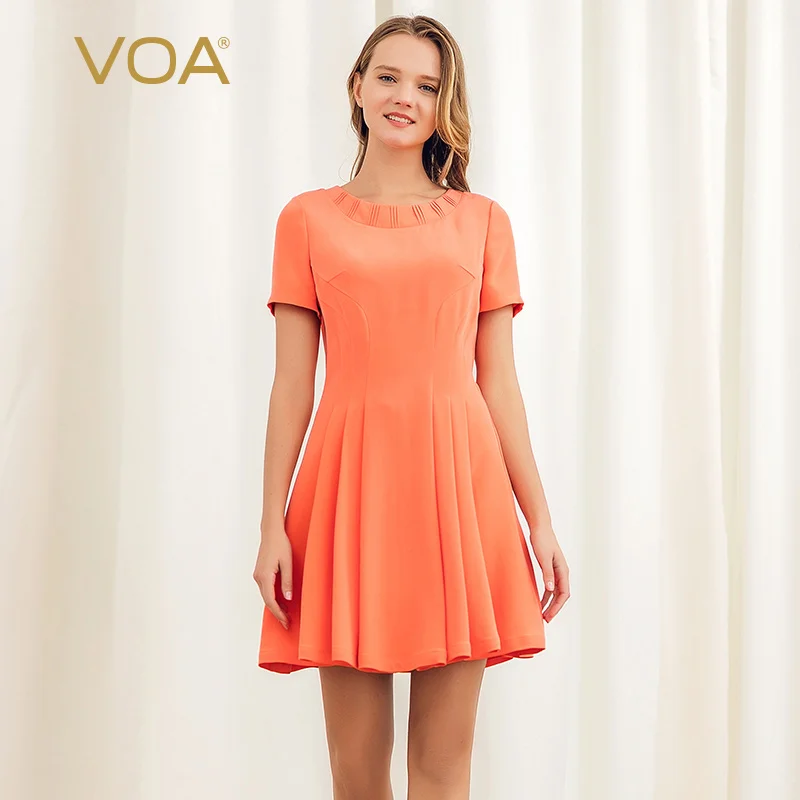 

VOA Orange 40mm Heavyweight Silk Crew Neck Hem Short Sleeve High-waisted X Type Arc Fold Slim Fit Sun Dress A10500