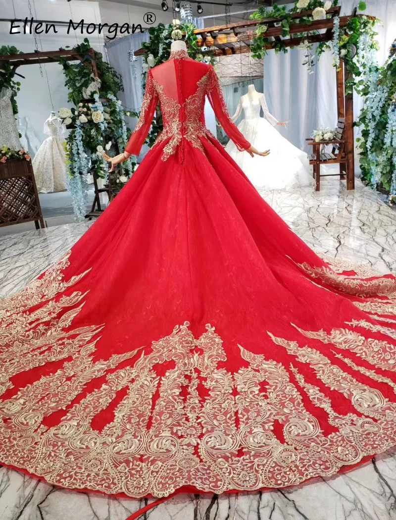 Красное винтажное мусульманский с высокой шеей свадебное платье кружевное элегантное с длинными рукавами реальные фотографии Пышные свадебные бальные платья без вуали