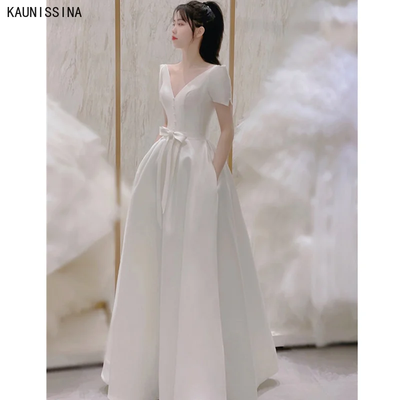 

KAUNISSINA Cheap Wedding Dress Short Sleeve Buttons V Neck A-Line White Wedding Gowns Elegant Long Marriage Dresses for Bride