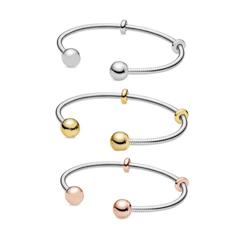 

3 Designs Moments Snake Chain Style Open Bangle Signature Round Ball Ends 925 Sterling Silver Bracelets Jewelry DIY Stoppers