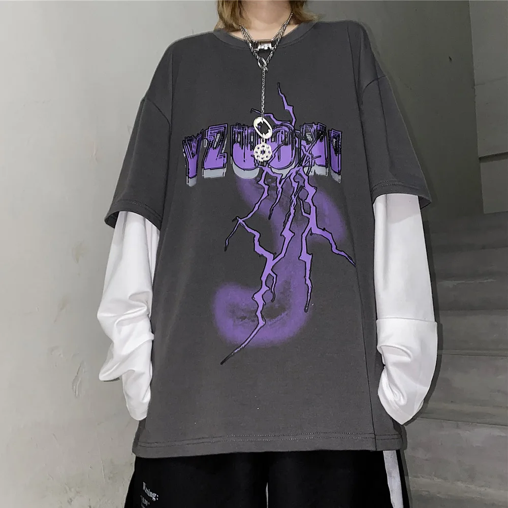 

Goth Women's shirt 2020 Fashion Fake 2 Piece Printed Oversize T shirt Casual Loose BF Style T-shirts Harajuku Chic Streetwear
