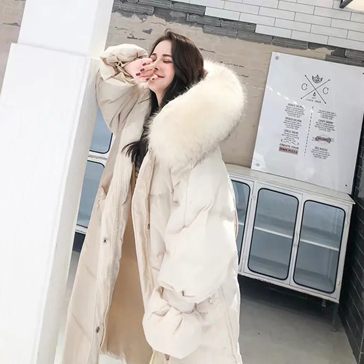 

Fashion Winter Women White Duck Down 95% Feather Large Fur Collar Down Jacket Long Thicken Loose Ins Trendy Show Solid Polyester