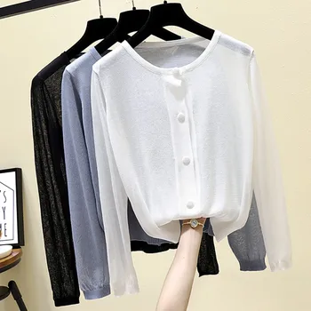

Autumn Women's Cardigan Coat O- Neck Long Sleeves Coat Casual Thin Transparent Solid Color Knitted Ladies Tops